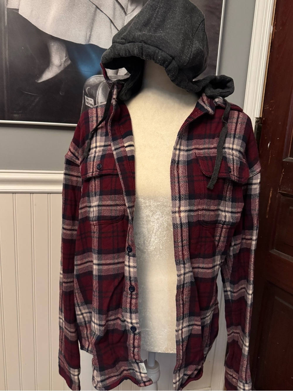 American Eagle Plaid Flannel Shacket Red Navy Gray Unisex Size M Detachable Hood